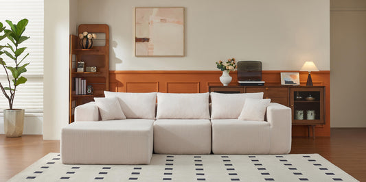 Zoovee modular sofa with configurable sections and memory foam seating, showcasing flexible seating in a modern living room.