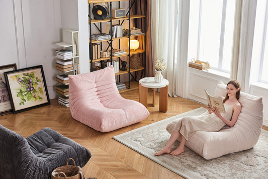 Zoovee compressed furniture bean bag chairs with memory foam support in a modern living room, featuring space-saving seating for contemporary homes.