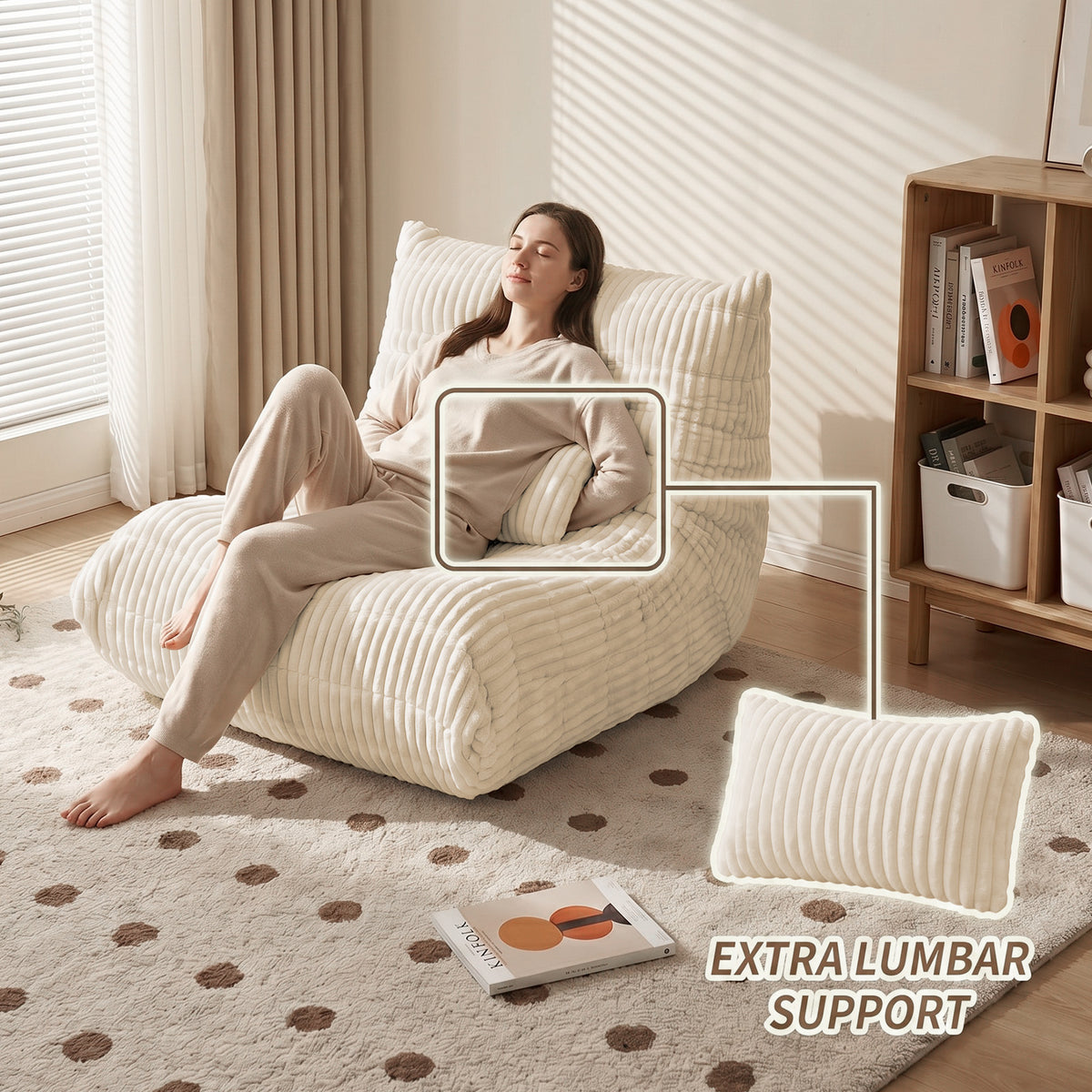 Zoovee WIDE Corduroy Bean Bag Chair + Small Pillow - Pink / Beige / Orange