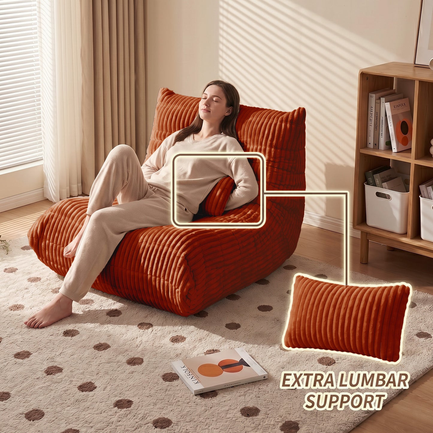 Zoovee WIDE Corduroy Bean Bag Chair + Small Pillow - Pink / Beige / Orange