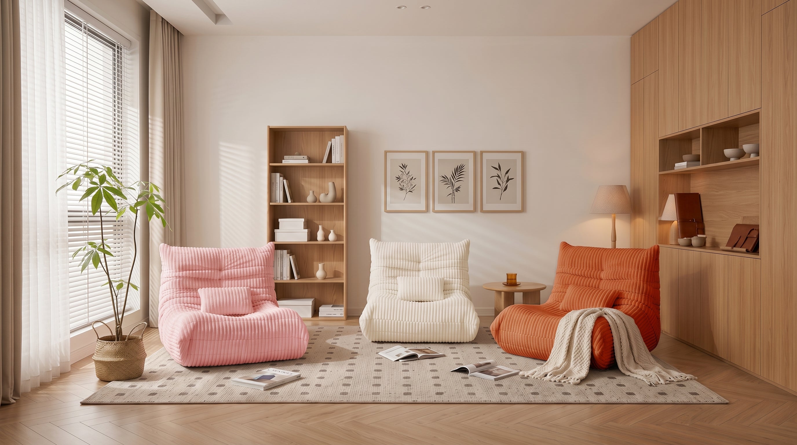 A styled interior room with three Zoovee's bean bag chairs arranged on a patterned rug: a pink bean bag chair on the left, a cream bean bag chair in the center, and an orange bean bag chair on the right with a draped throw blanket. The room has light wood flooring, beige walls, built-in wood shelving, framed botanical wall art, a small side table, lamps, and a potted plant.