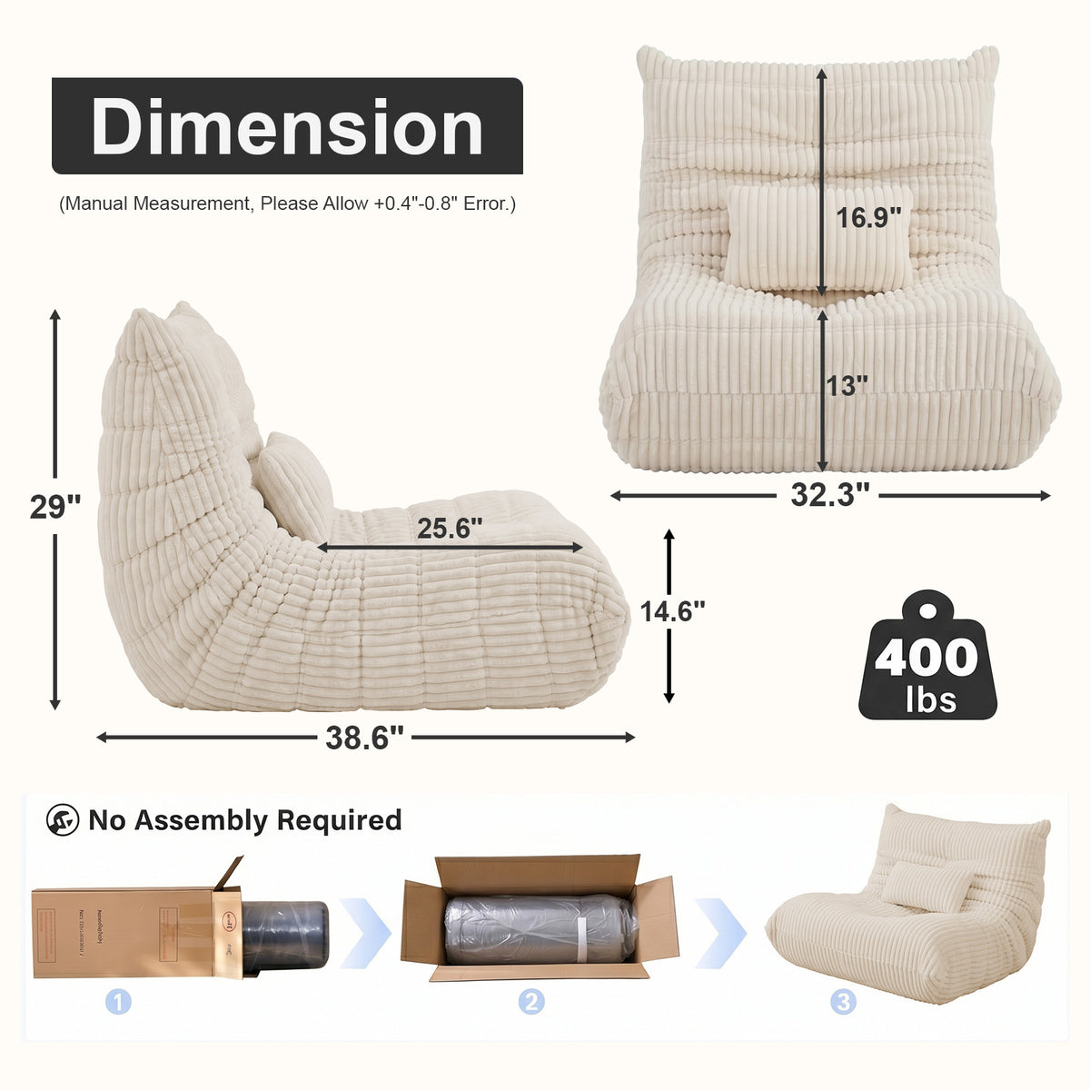 Zoovee WIDE Corduroy Bean Bag Chair + Small Pillow - Pink / Beige / Orange