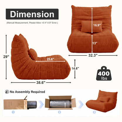 Zoovee WIDE Corduroy Bean Bag Chair + Small Pillow - Pink / Beige / Orange