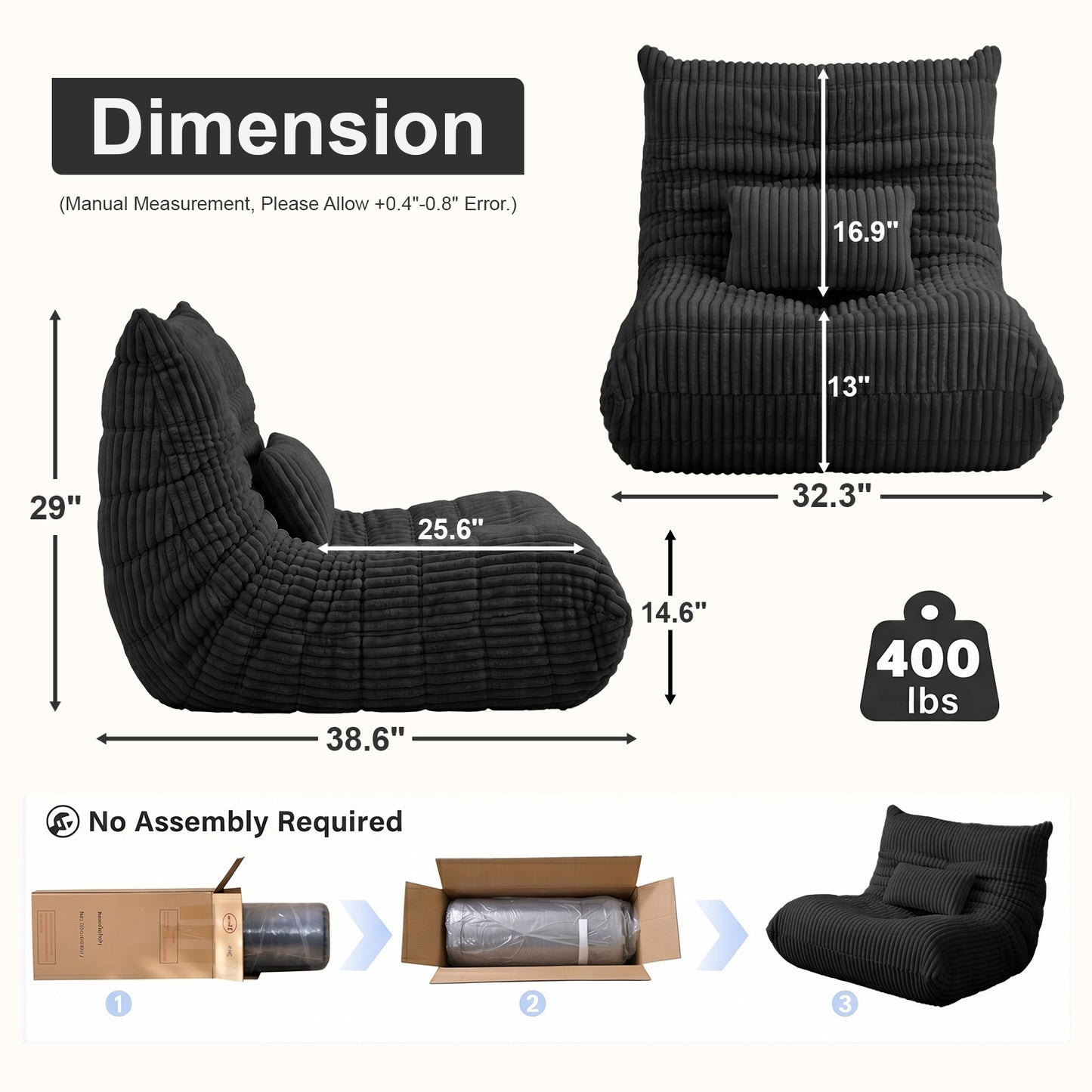 Zoovee WIDE Corduroy Bean Bag Chair + Small Pillow - Grey / Dark Blue / Forest Green / Black