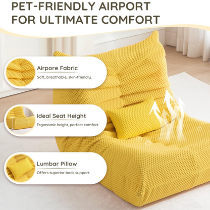 Yellow bean bag chair with airhole fabric, ideal seat height, and lumbar pillow on a white background.