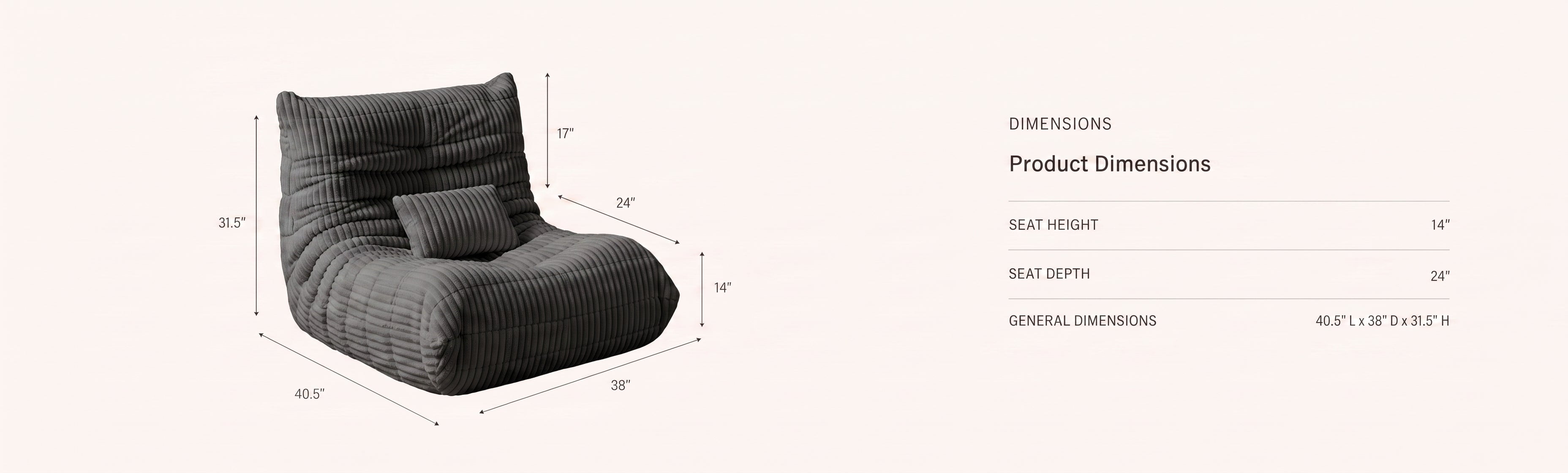Zoovee's dark gray ribbed lounge bean bag chair with a matching pillow, shown with dimension lines and text listing product dimensions on a light beige background.
