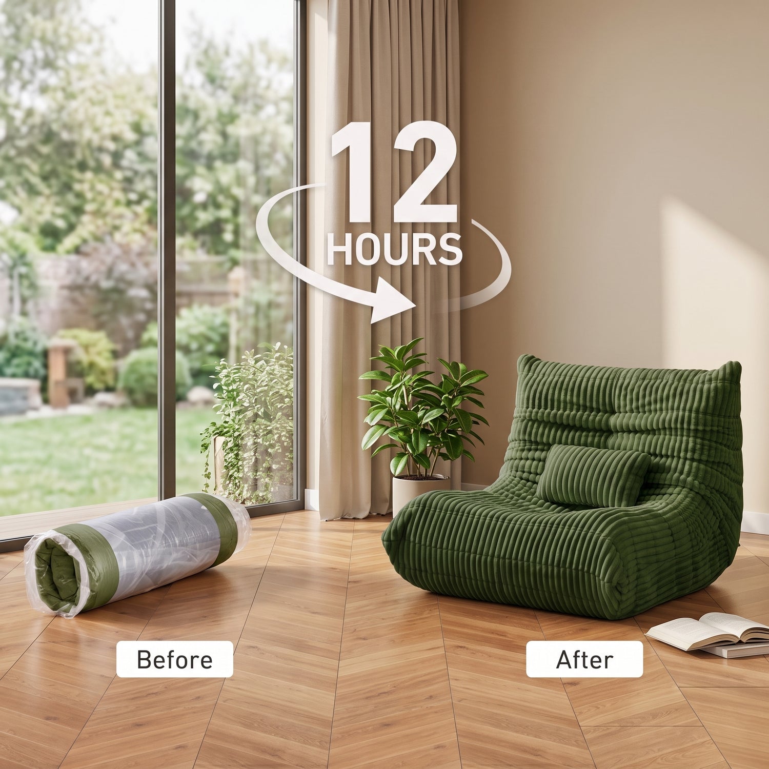A Zoovee's green corduroy lounge bean bag chair shown in a styled room with a window, plants, wood floor, and overlaid text reading '12 HOURS' plus 'Before' and 'After' labels showing the chair rolled up versus extended.