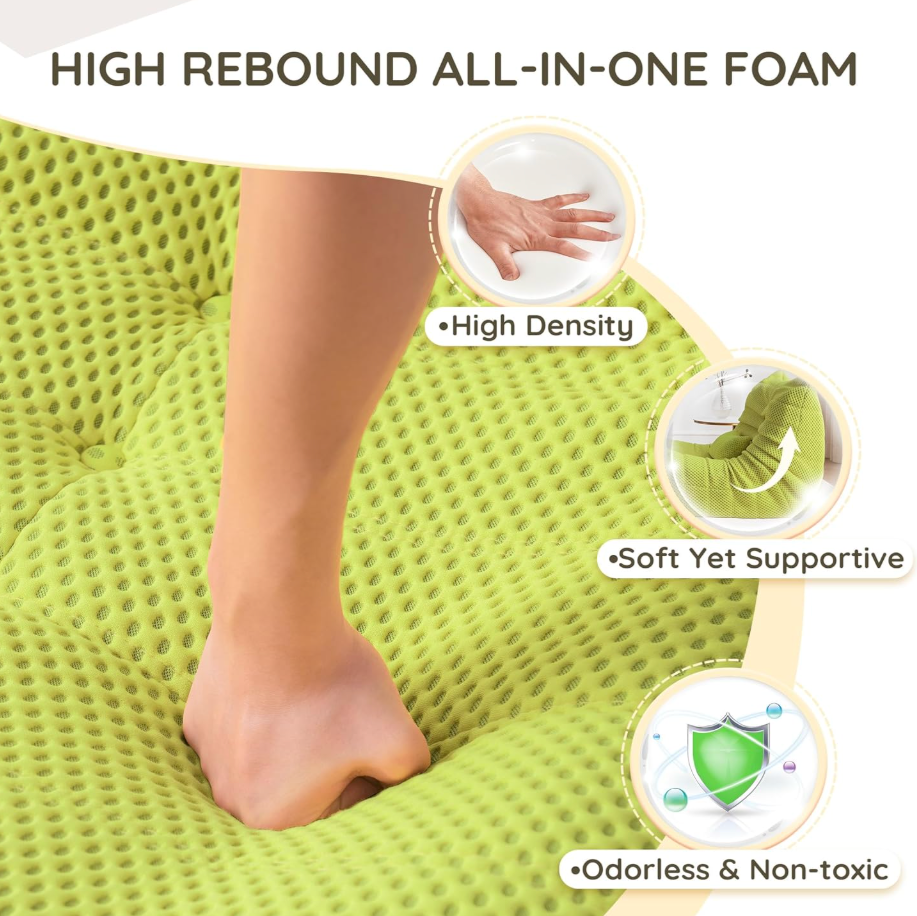 Green high-density foam mattress topper with foot on top, highlighting features like high density, soft yet supportive, and odorless & non-toxic.