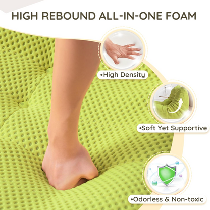 Green high-density foam mattress topper with foot on top, highlighting features like high density, soft yet supportive, and odorless & non-toxic.