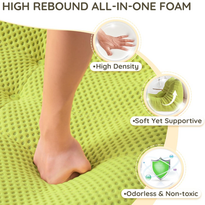 Green high rebound all-in-one foam product with foot on top, highlighting features like high density, soft yet supportive, odorless, and non-toxic.