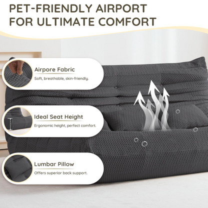 Gray bean bag floor sofa three seater with features highlighted on a white background