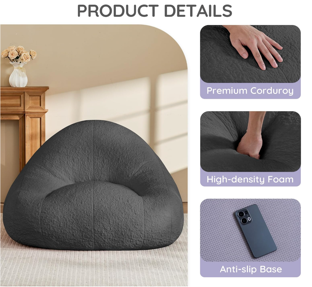 Gray chenille bean bag chair with product details on a white background