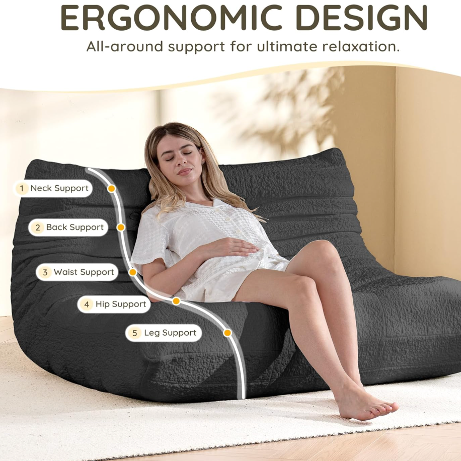 Woman relaxing on a bean bag with ergonomic design features highlighted