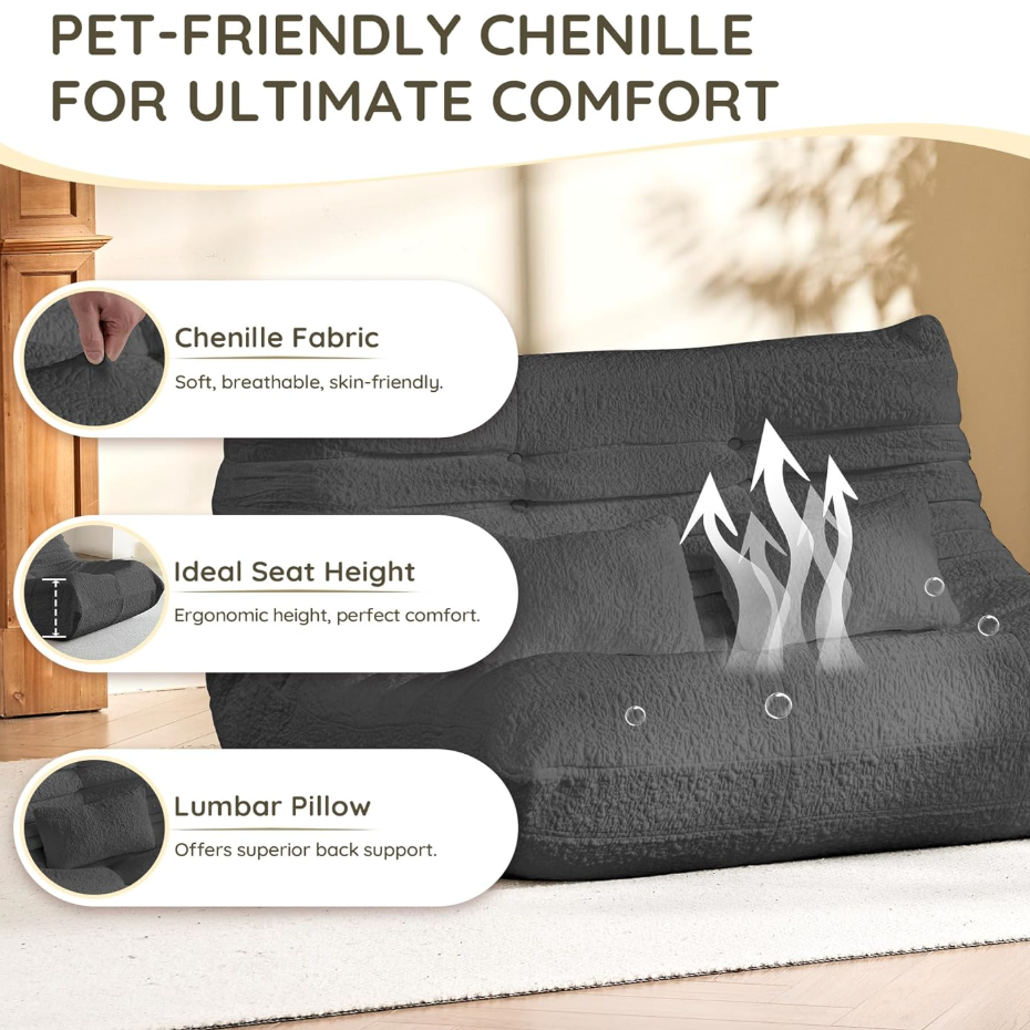 Gray cushion with text highlighting chenille fabric, ideal seat height, and lumbar pillow features.