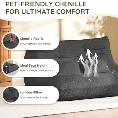 Gray cushion with text highlighting chenille fabric, ideal seat height, and lumbar pillow features.