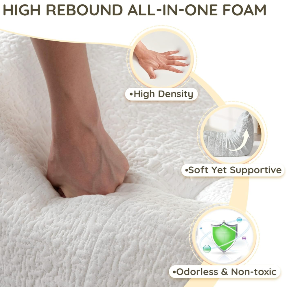 High rebound all-in-one foam with foot pressing down, highlighting features like high density, soft yet supportive, odorless, and non-toxic.