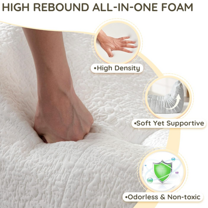 High rebound all-in-one foam with foot pressing down, highlighting features like high density, soft yet supportive, odorless, and non-toxic.