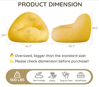 Zoovee's oversized Yellow chenille bean bag chairs with dimensions and product features on a white background