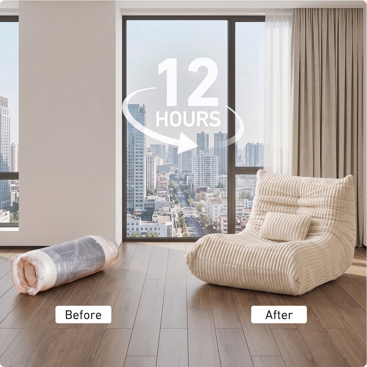 A Zoovee's beige corduroy bean bag chair shown in a modern room with a city view, alongside a rolled-up version labeled 'Before' and the chair labeled 'After' under a '12 HOURS' overlay.